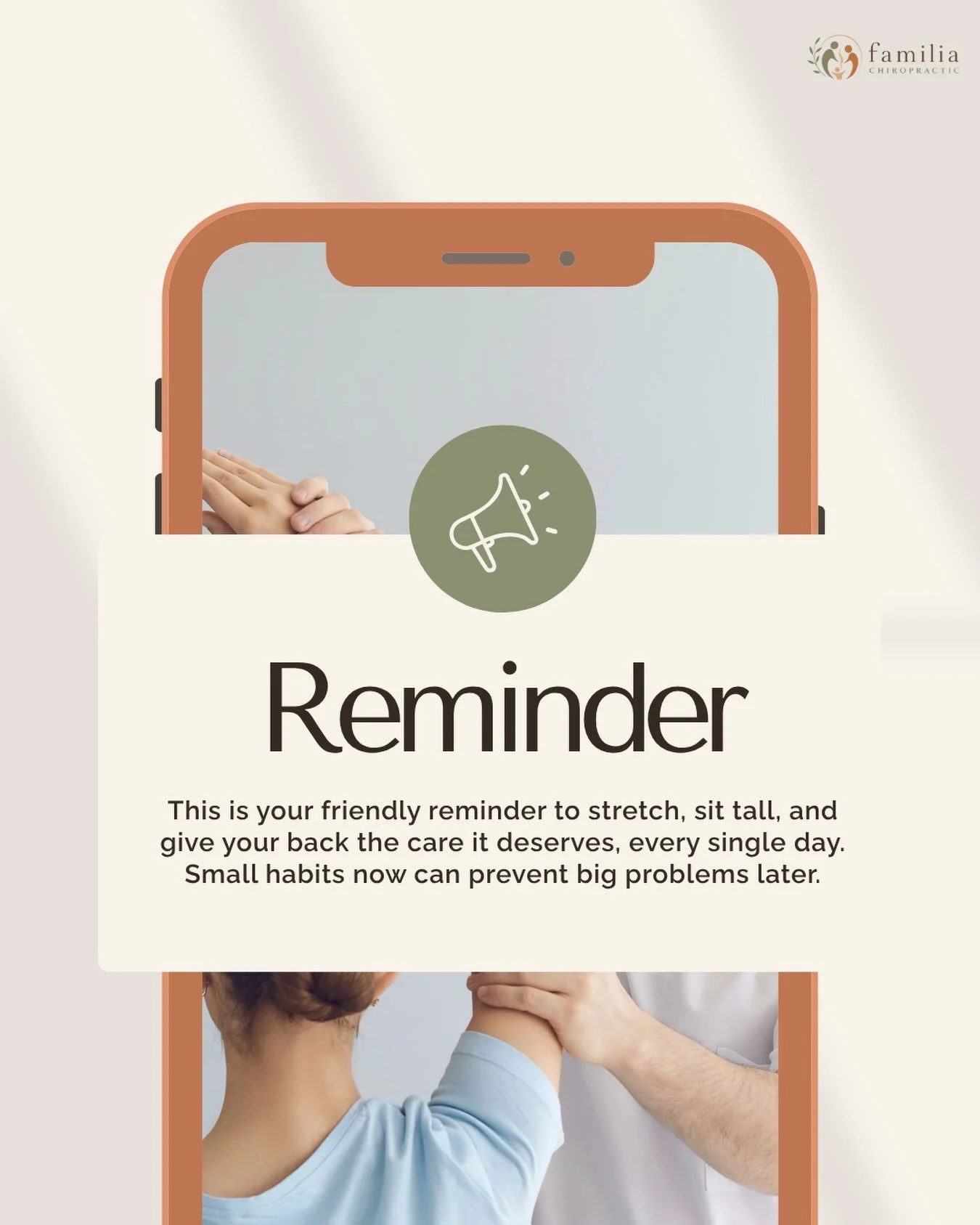 Your daily reminder ✨

Stretch. Move. Sit tall. Your spine supports you every day&mdash;give it the care it deserves.

Small habits today can help prevent bigger problems tomorrow. 💚

#FamiliaChiropractic #SpinalHealth #PostureMatters #HealthyHabits