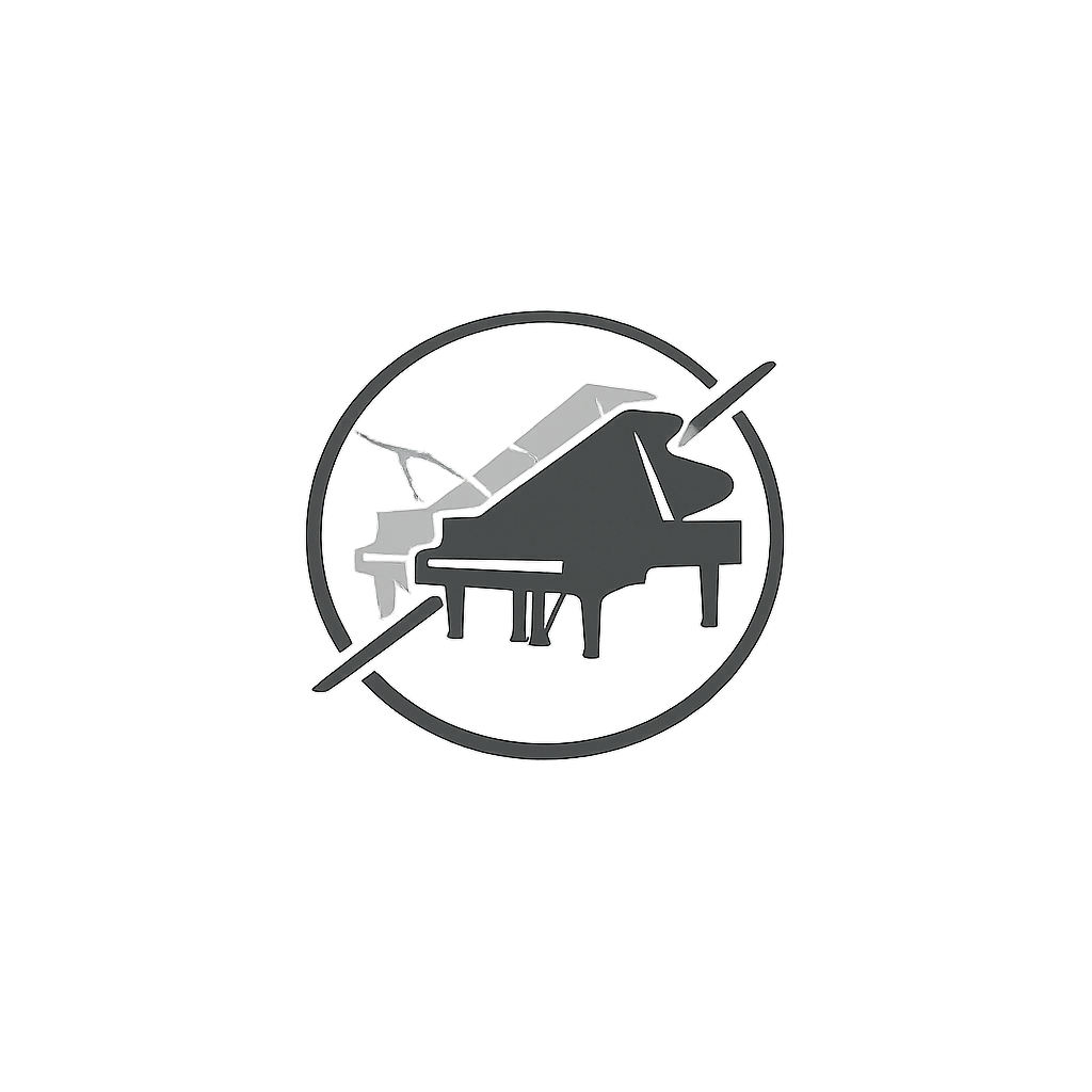 A metallic logo featuring a grand piano inside a circular outline.