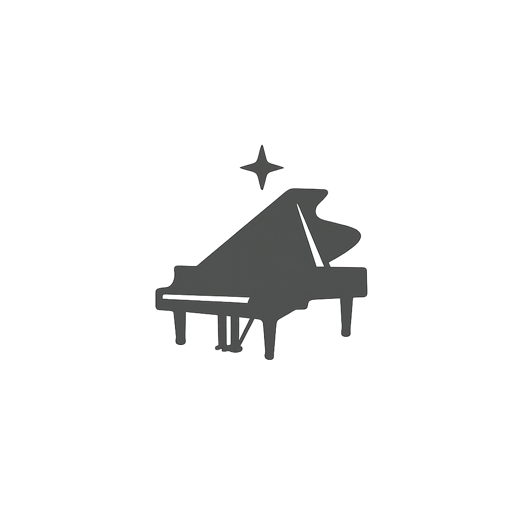 Silhouette of a grand piano with a star above it on a gray background.