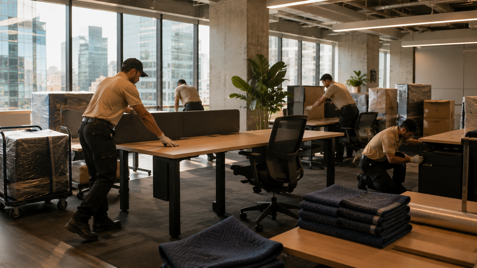 Halcyon crew setting up office furniture during a business relocation.