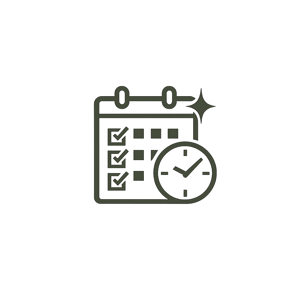 Checklist with checkmarks and a clock, representing scheduling or time management.