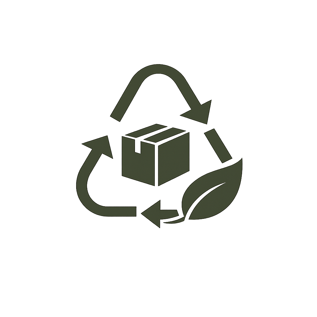 A recycling symbol with arrows forming a triangle around a cardboard box and a leaf, indicating eco-friendly recycling and packaging.