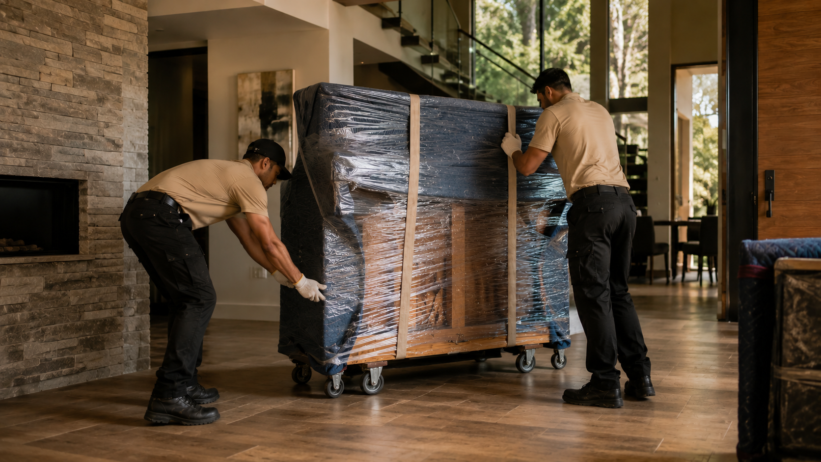 Halcyon movers transporting a wrapped upright piano inside a client's home.