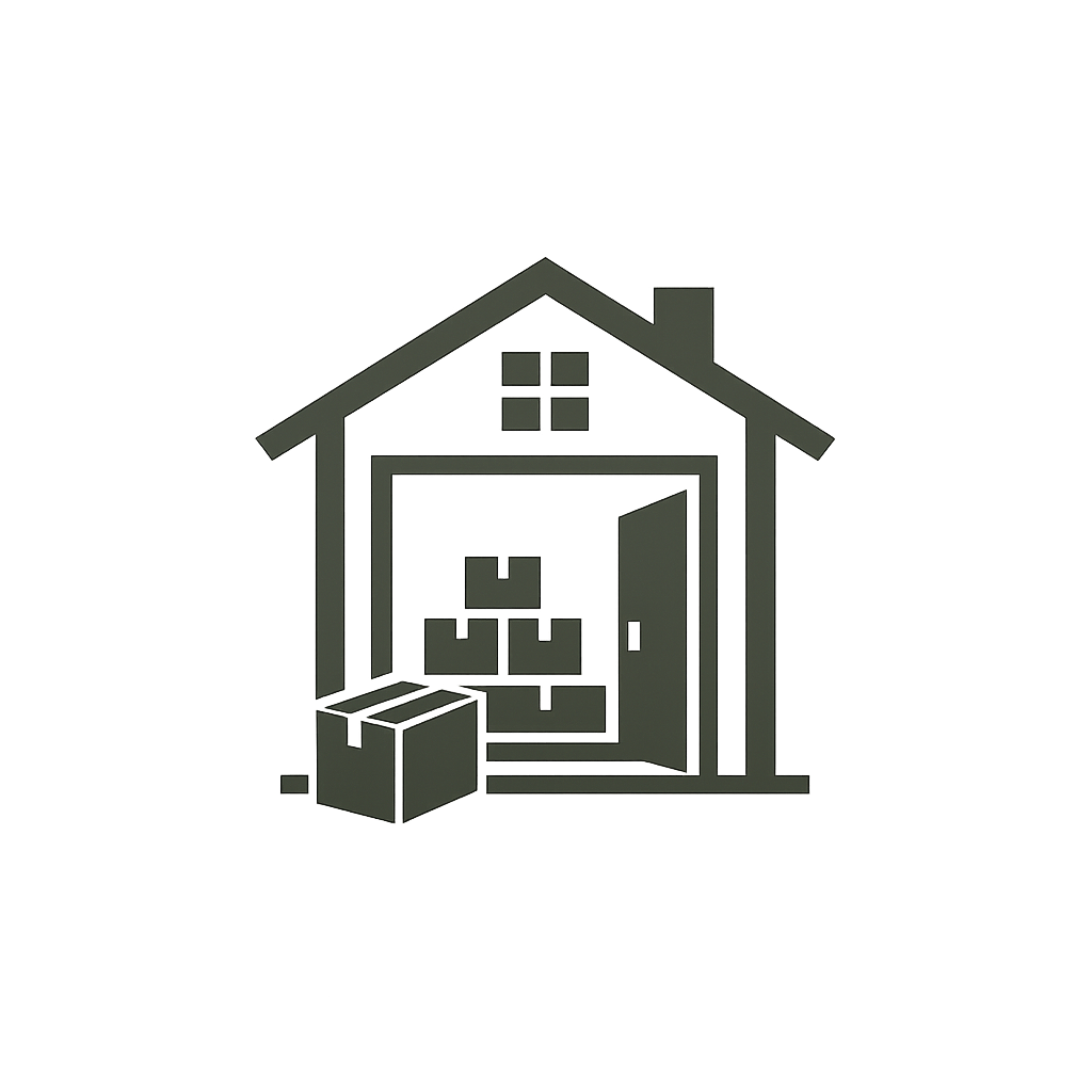 A house icon with a garage, that contains boxes and other items, indicating it is a storage or moving scenario.