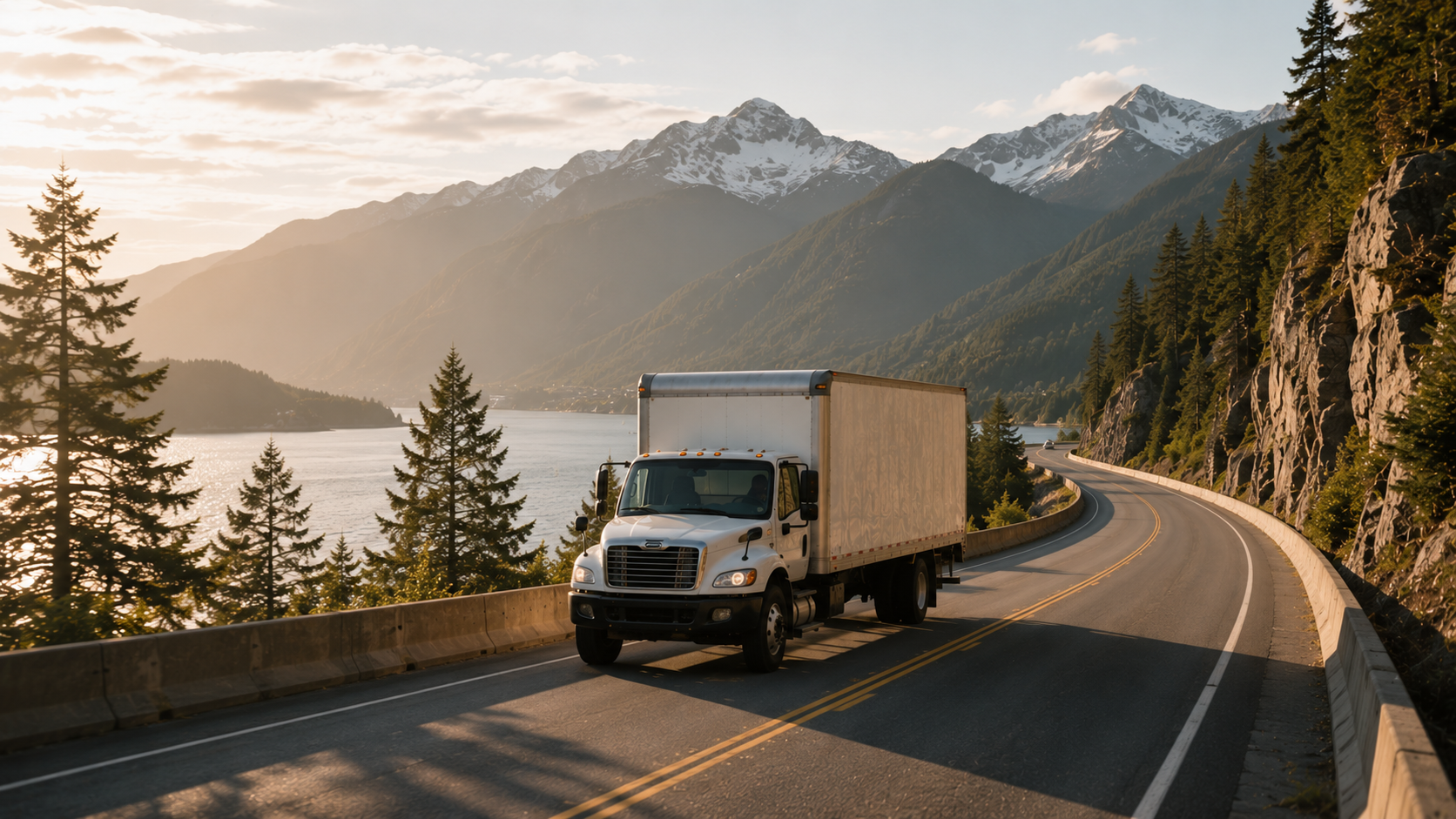 Halcyon moving truck traveling through the Sea to Sky Corridor in British Columbia.
