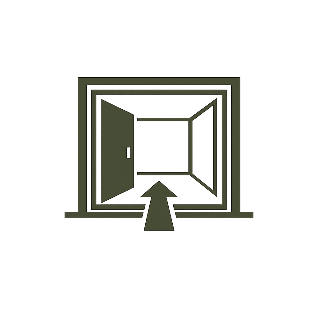 An icon of a computer monitor displaying an open doorway with an arrow pointing towards it, indicating a virtual or digital entrance.