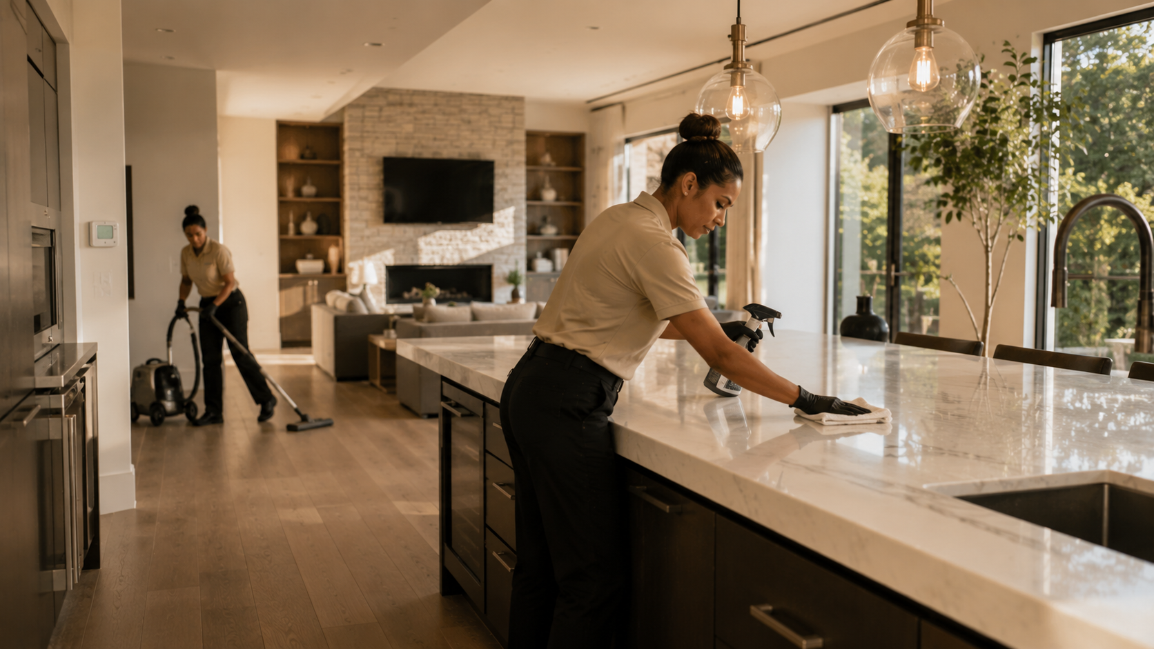 Halcyon cleaning team providing residential cleaning services inside a client's home.