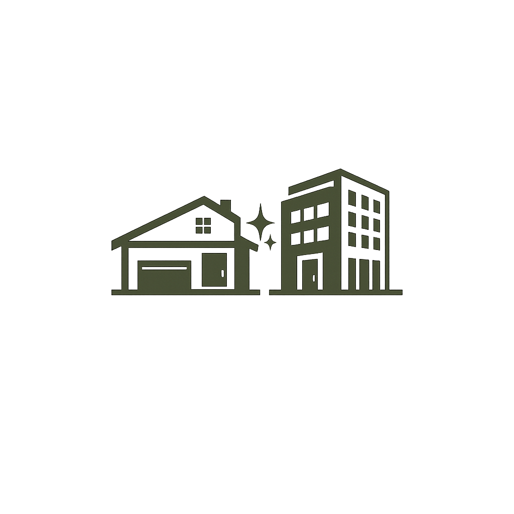 Line drawing of a house and a multi-story building with stars shining between them.