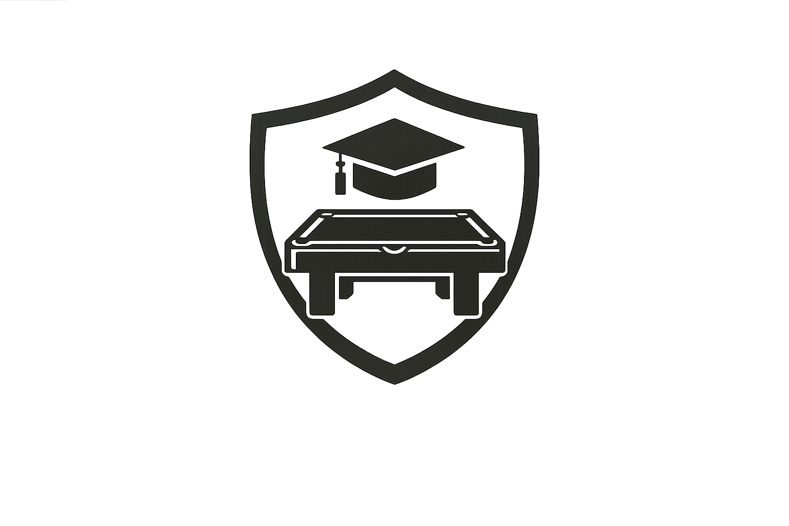 Icon of a shield with a graduation cap, a pool table, and a desk inside.