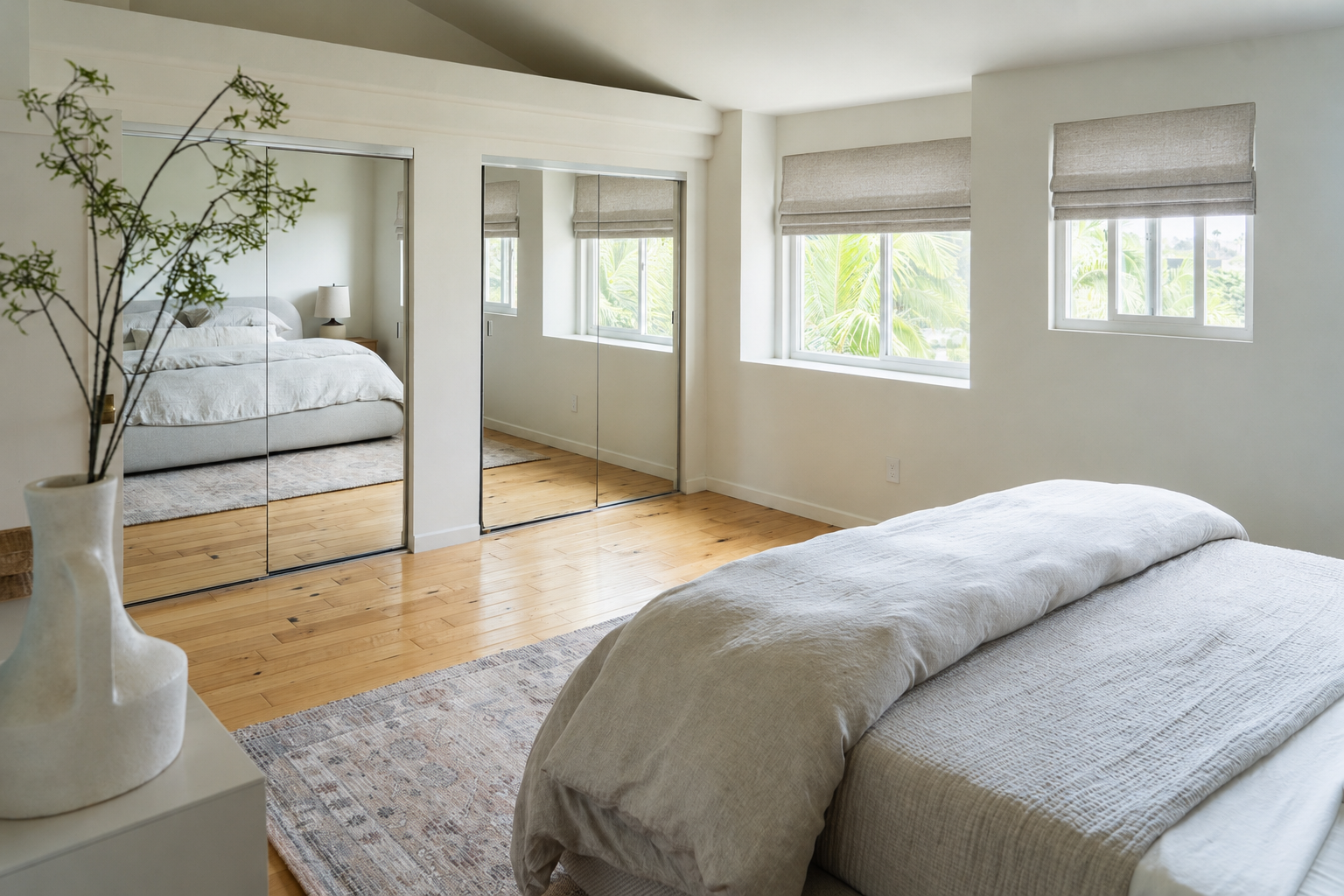 Bright primary bedroom at The Solana House with neutral linen bedding, natural wood floors, woven Roman shades, mirrored closets, and palm views