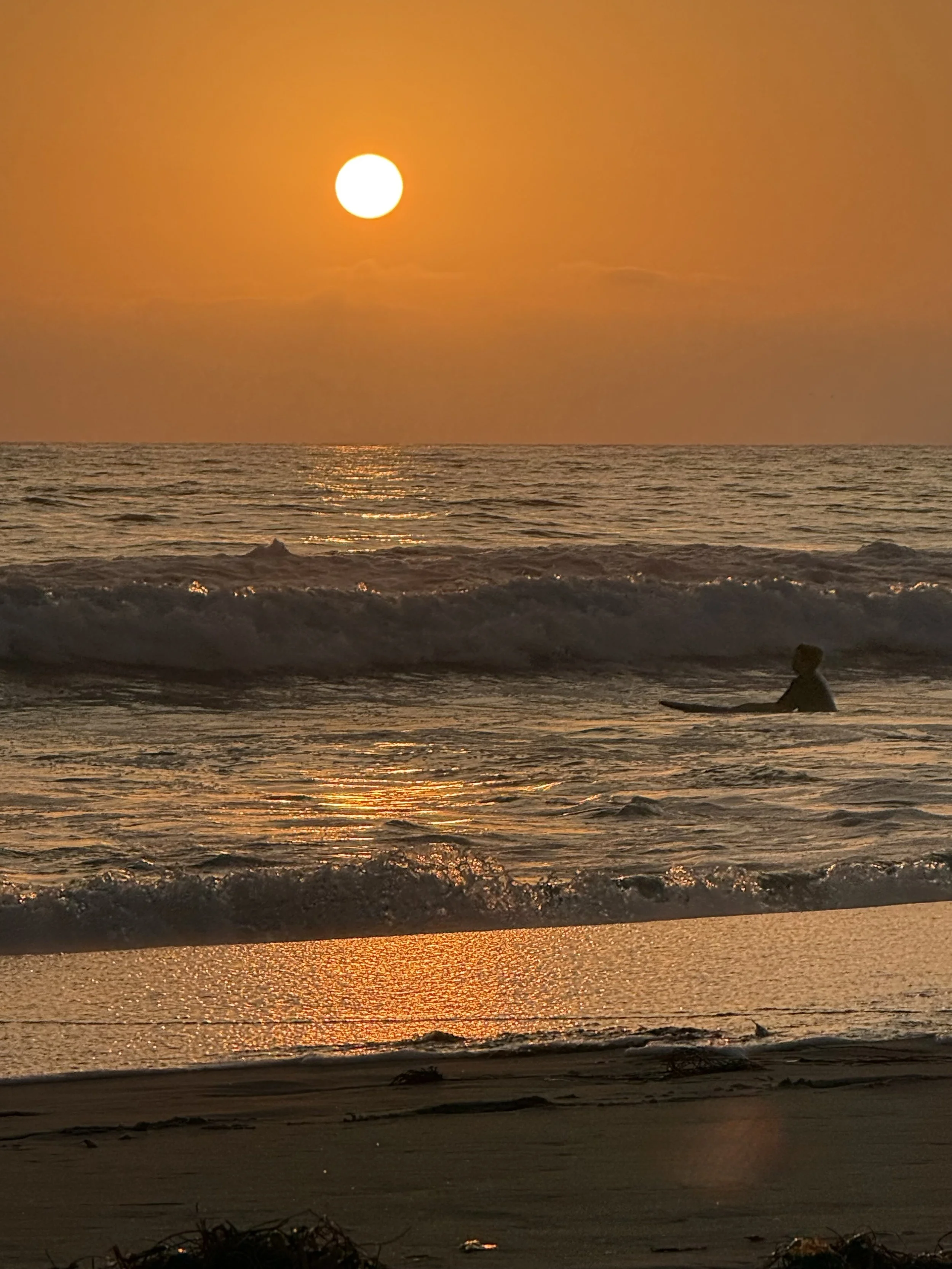 Surfer in the Pacific Ocean at sunset in Solana Beach California,