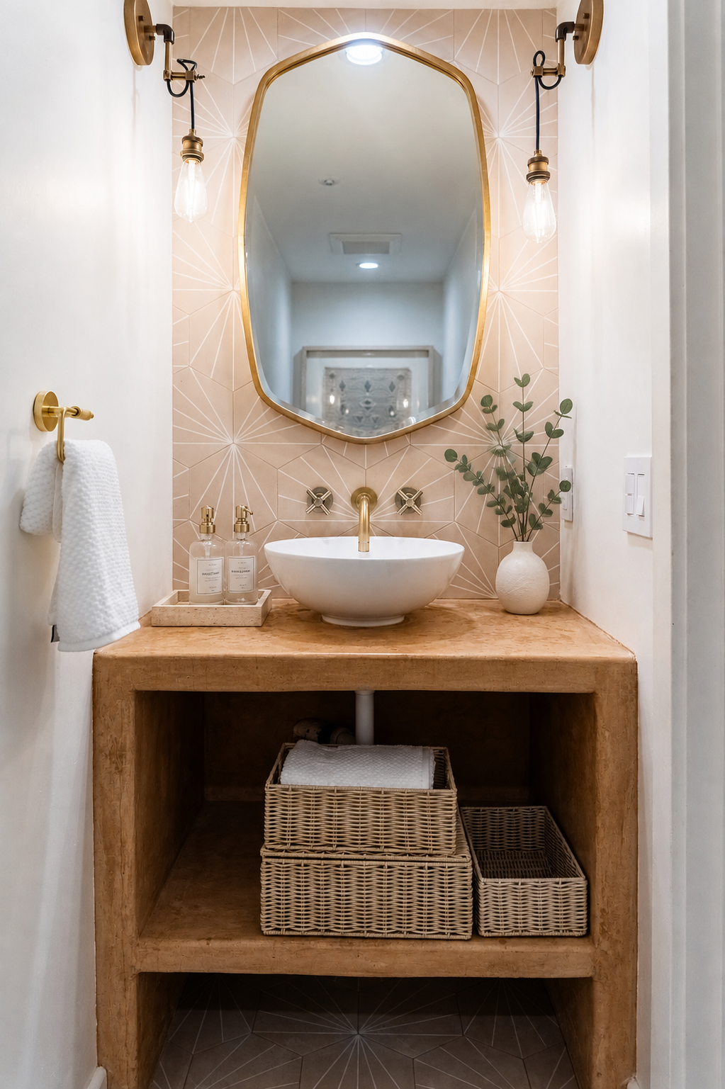 Elegant powder room at The Solana House featuring an oval brass mirror, warm brass fixtures, wall sconces, and soft geometric wallpaper