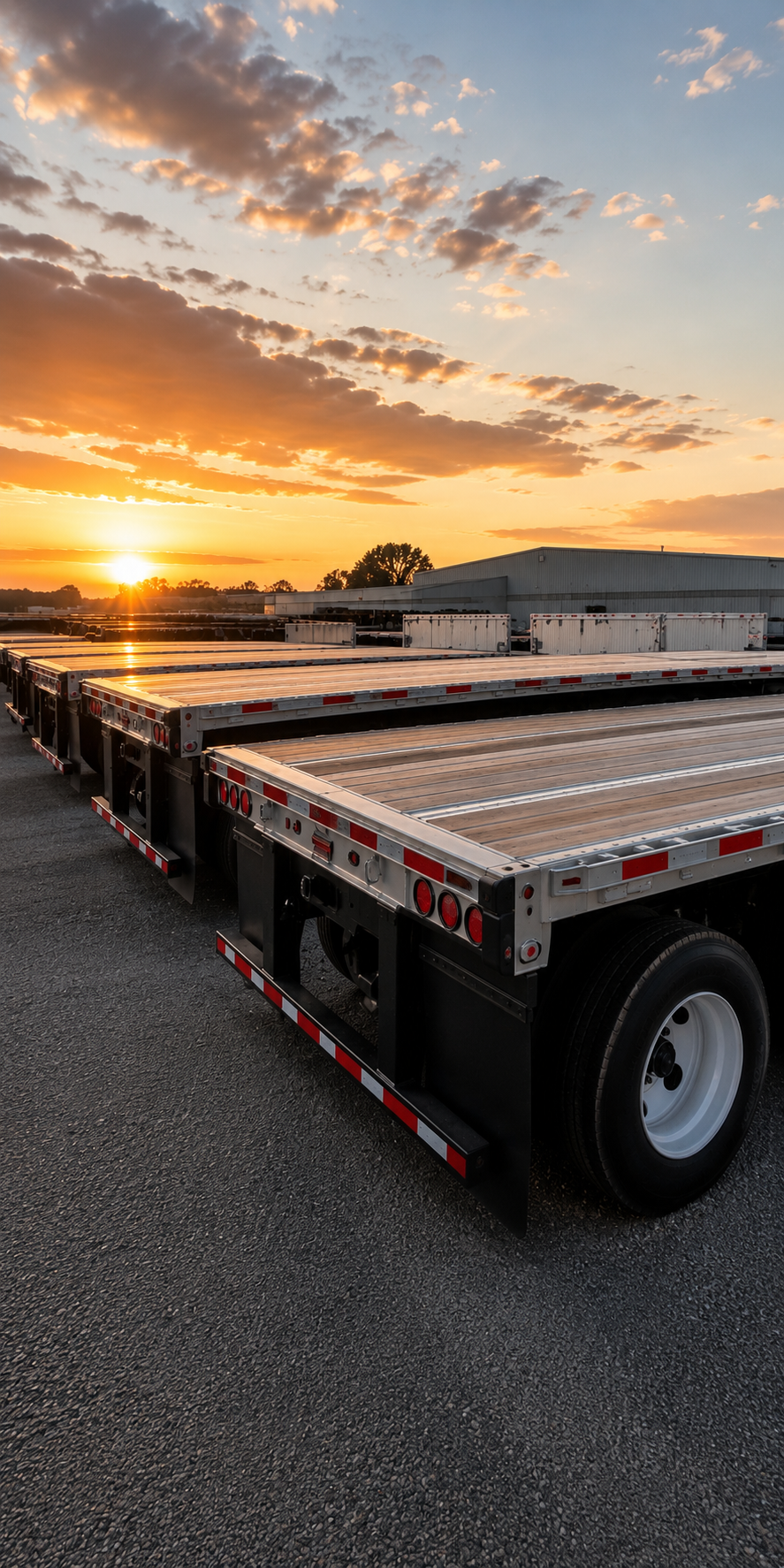 Empty flatbed trailers parked outdoors at sunrise with a partly cloudy sky.