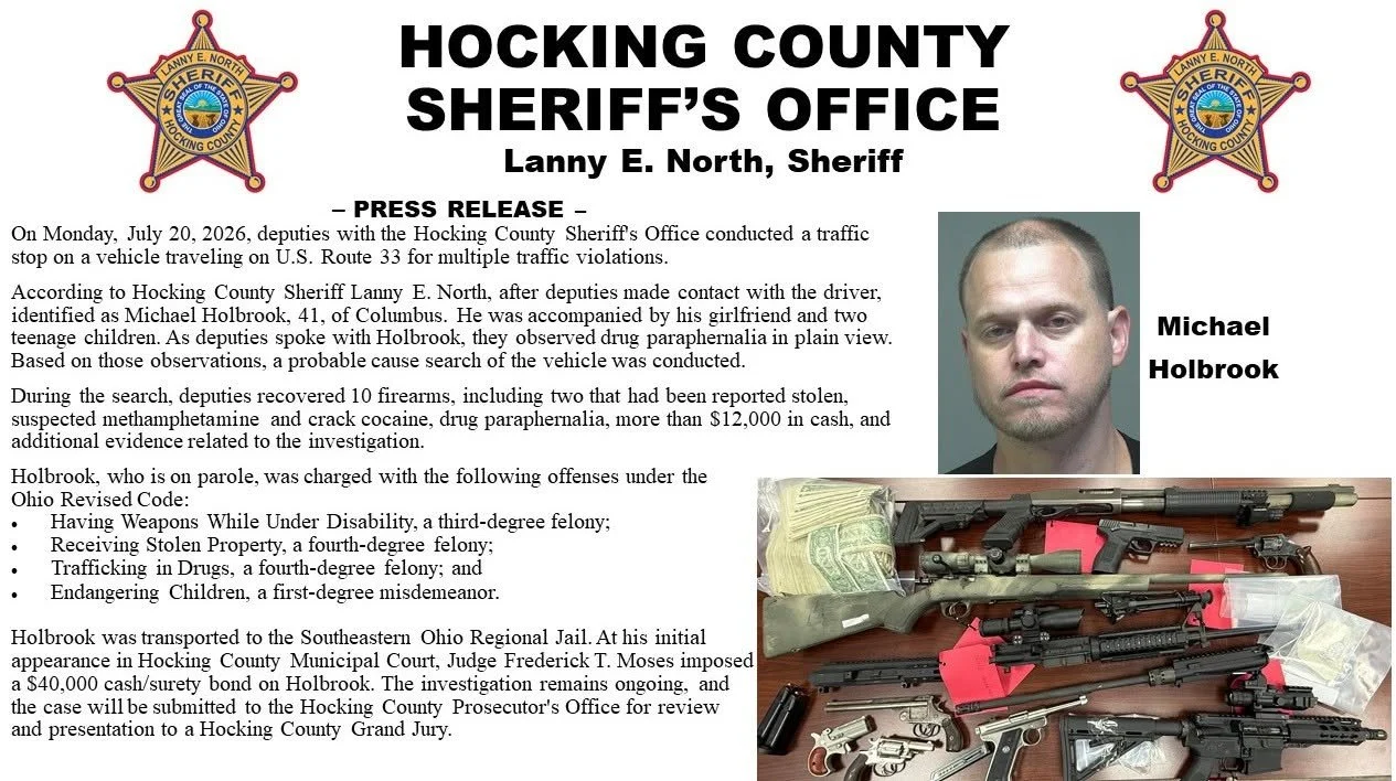 Columbus Man Charged After Hocking County Deputies Find 10 Firearms, Drugs, and Cash During Traffic Stop