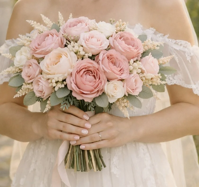 Bride holding a bouquet of pink and cream roses with greenery, dressed in a lace wedding gown.