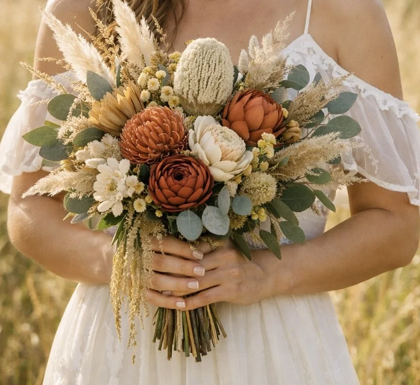 A bride holding a bouquet of blooms, including proteas, dried grass, and eucalyptus, in an outdoor setting.