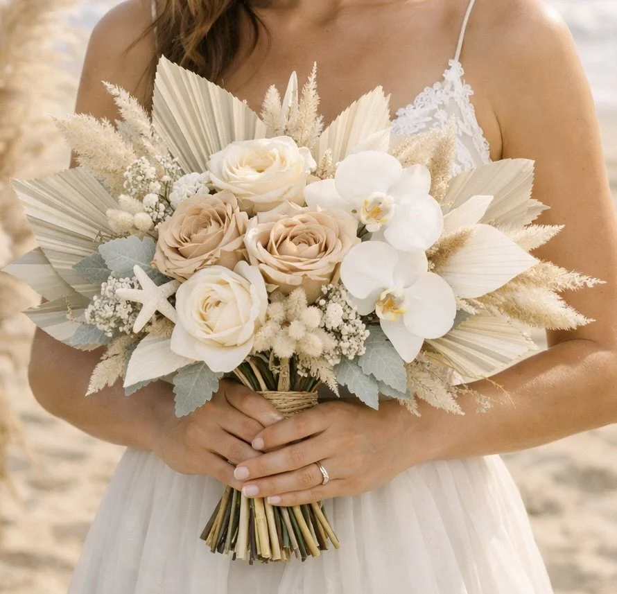 A bride holding a bouquet of white and beige roses, white orchids, starfish, and dried foliage, on the beach.