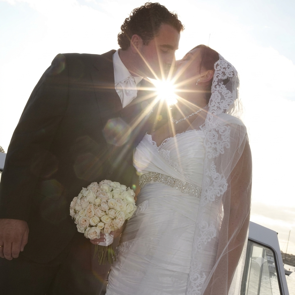 A bride and groom sharing a kiss with the sun shining between their faces, the bride holding a bouquet of white roses, standing outdoors near a boat on the water.