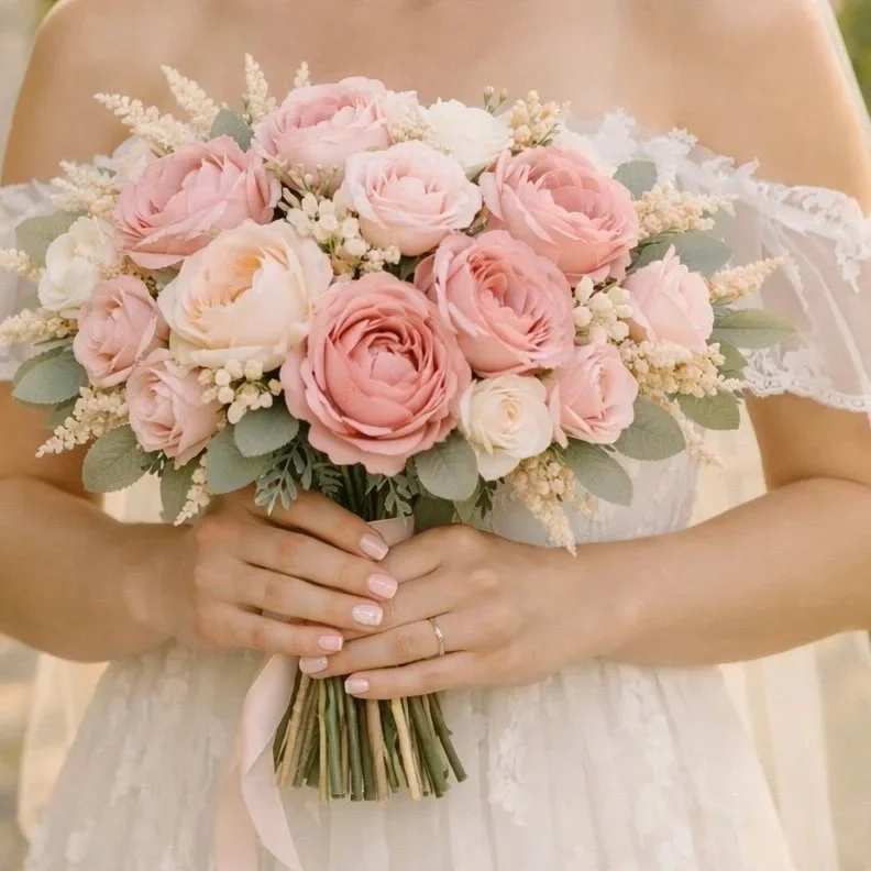 Bride holding a bouquet of pink and white roses with greenery, in front of her lace wedding dress.