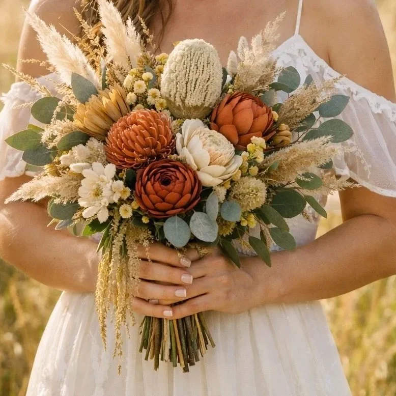 A woman in a white dress holding a bouquet of flowers with proteas, daisies, and eucalyptus in an outdoor setting.