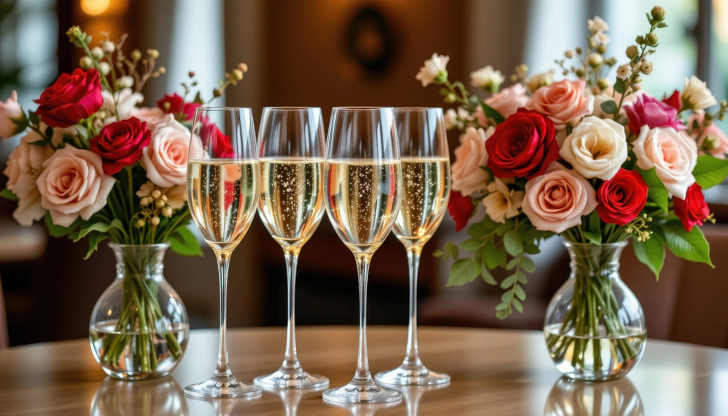 Four champagne flutes filled with sparkling wine are arranged in front of three vases with pink, white, and red roses and greenery.