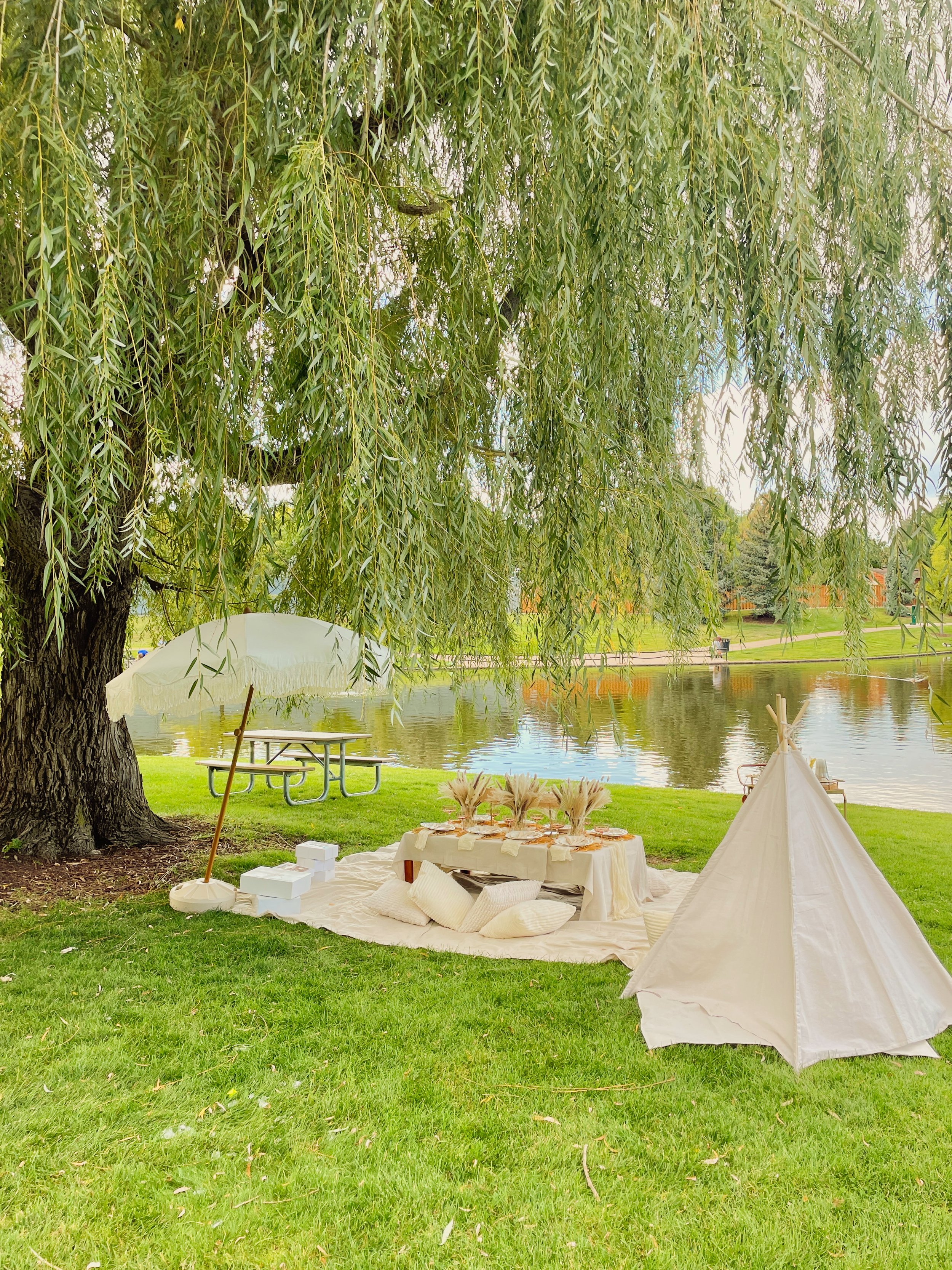 A luxury picnic setup under a large willow tree by a lake with a white umbrella, a table with decorations, a tent, and a picnic table nearby.