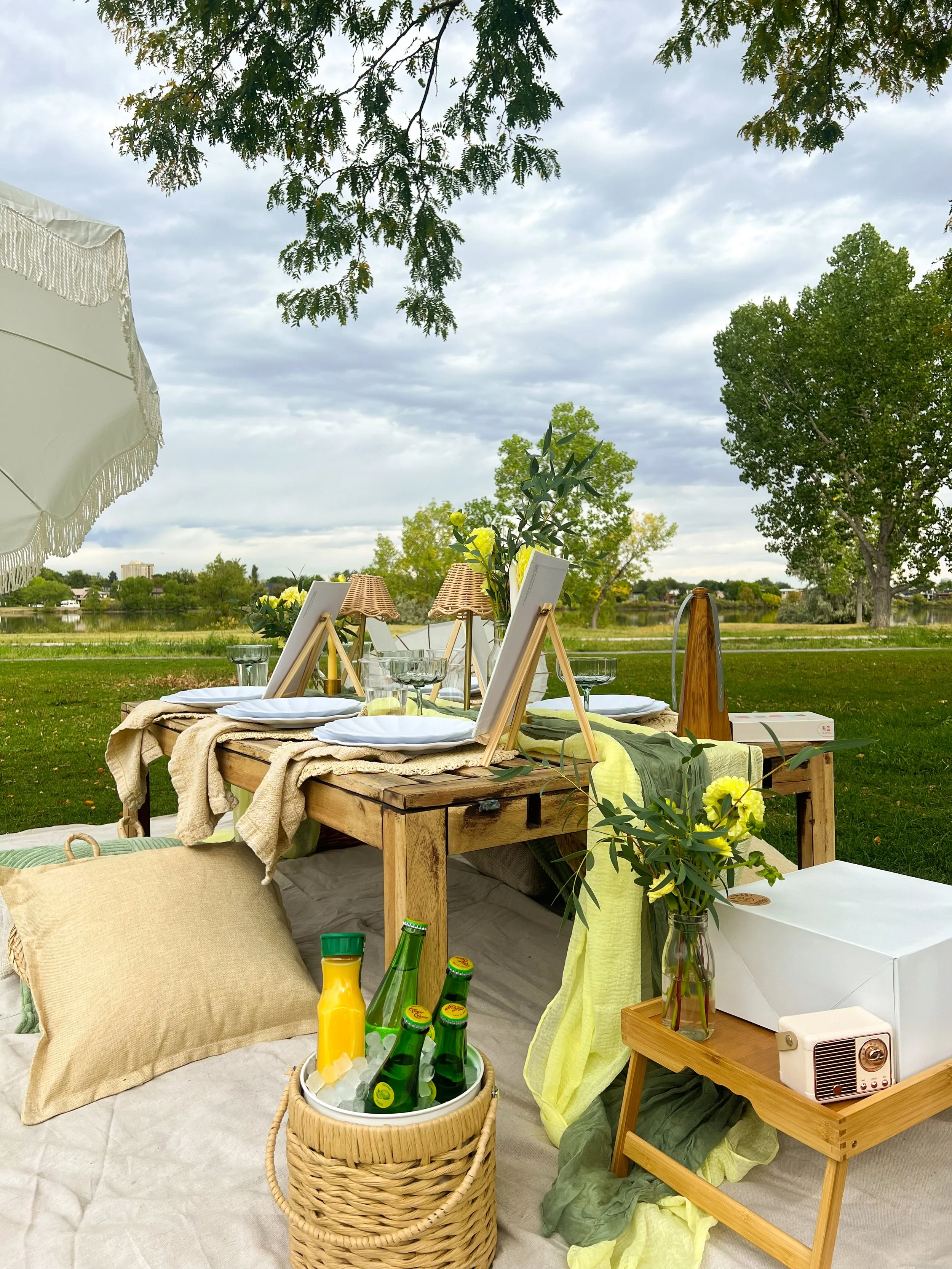 An outdoor dining setup with a wooden table, chairs, and cushions by a lakeside with trees in the background. There are bottles of soda, a basket of drinks on ice, flowers, and various decorations, creating a cozy, rustic atmosphere.