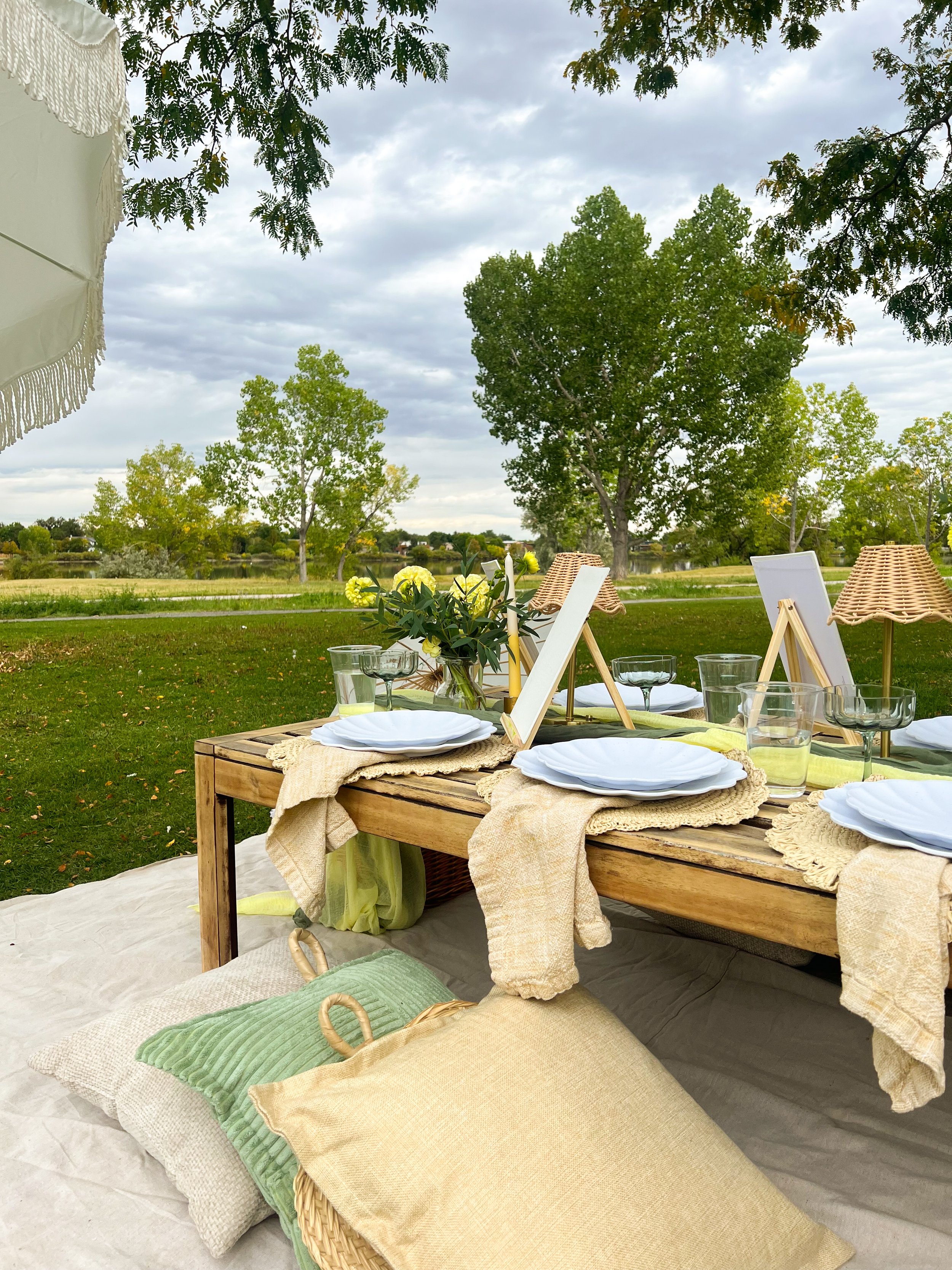 Outdoor dining setup with a wooden table, white plates, glassware, and floral centerpiece, set on a blanket with cushions and pillows, in a grassy area with trees and a lake in the background under cloudy sky.