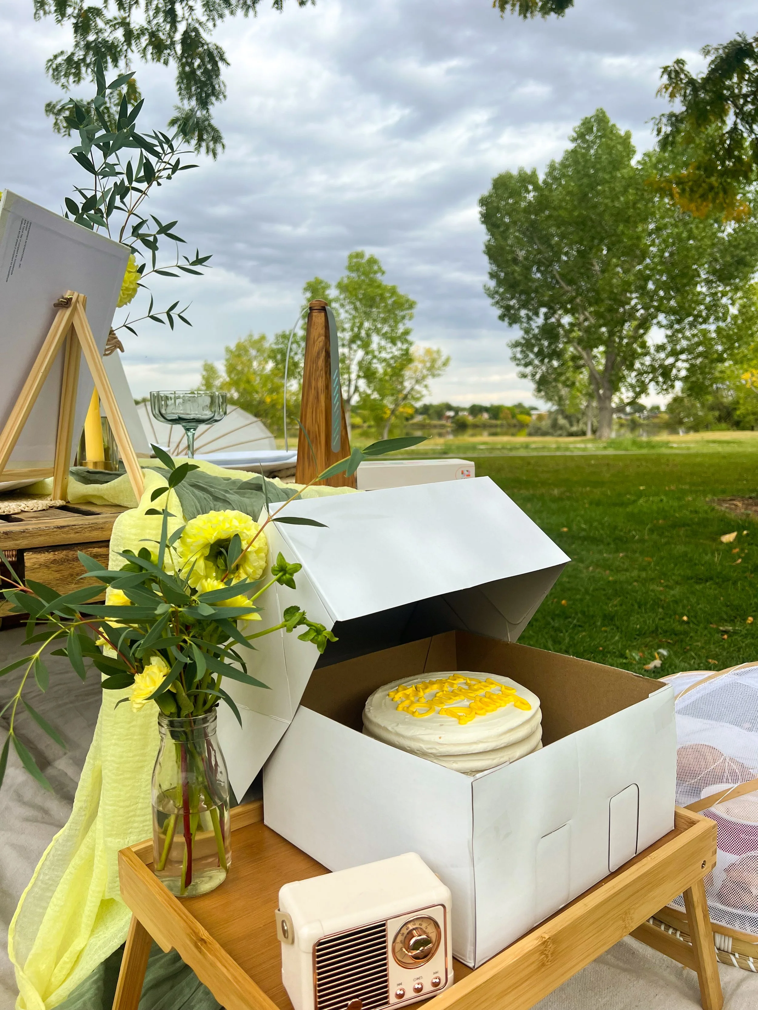 A table with a cake in an open box, flowers, and a small vintage radio, outdoors in a grassy area with trees and cloudy sky.