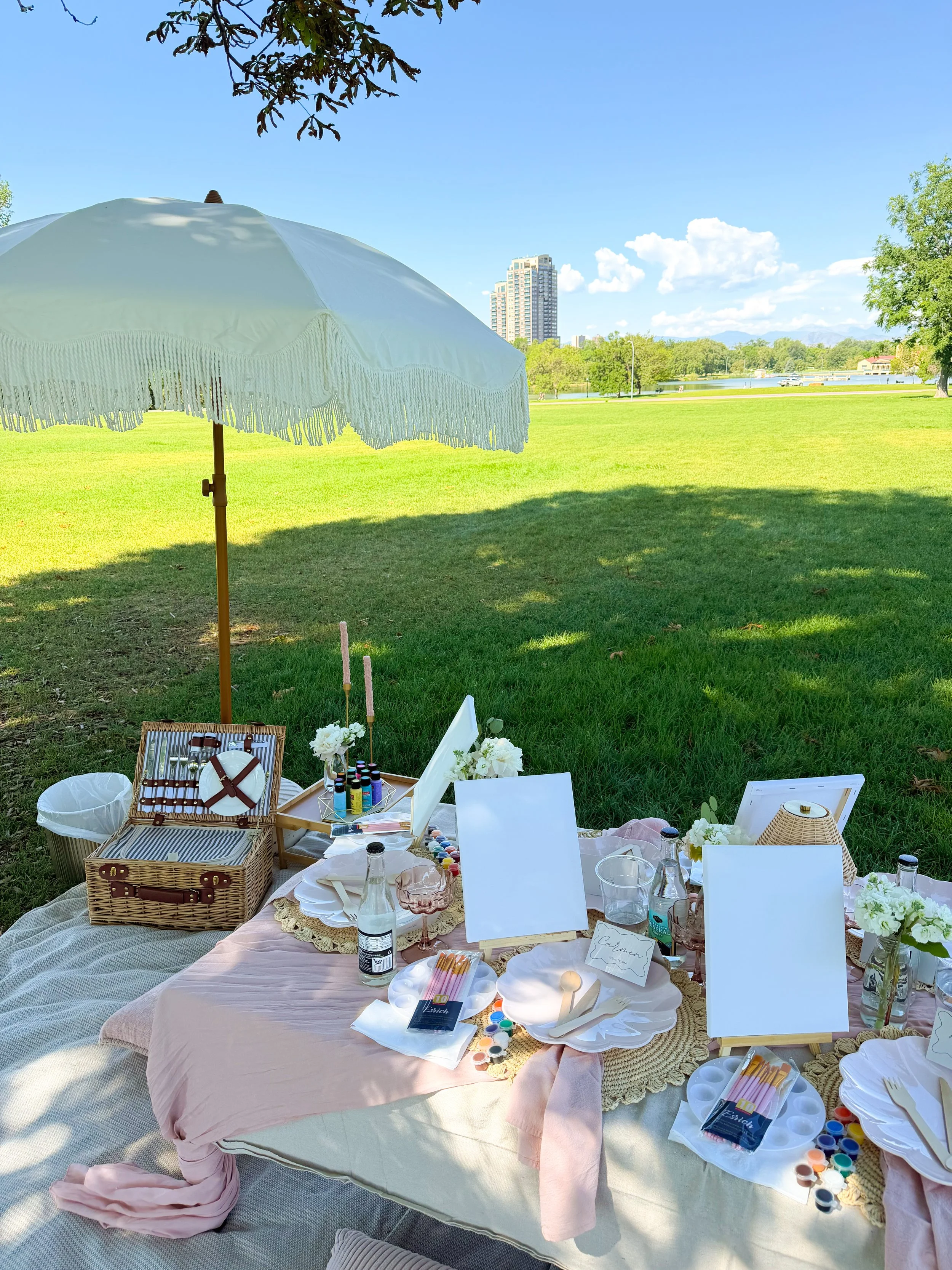 Outdoor luxury picnic setup on a blanket with art supplies, plates, glasses, flowers, and a white umbrella over a green lawn in Denver park.