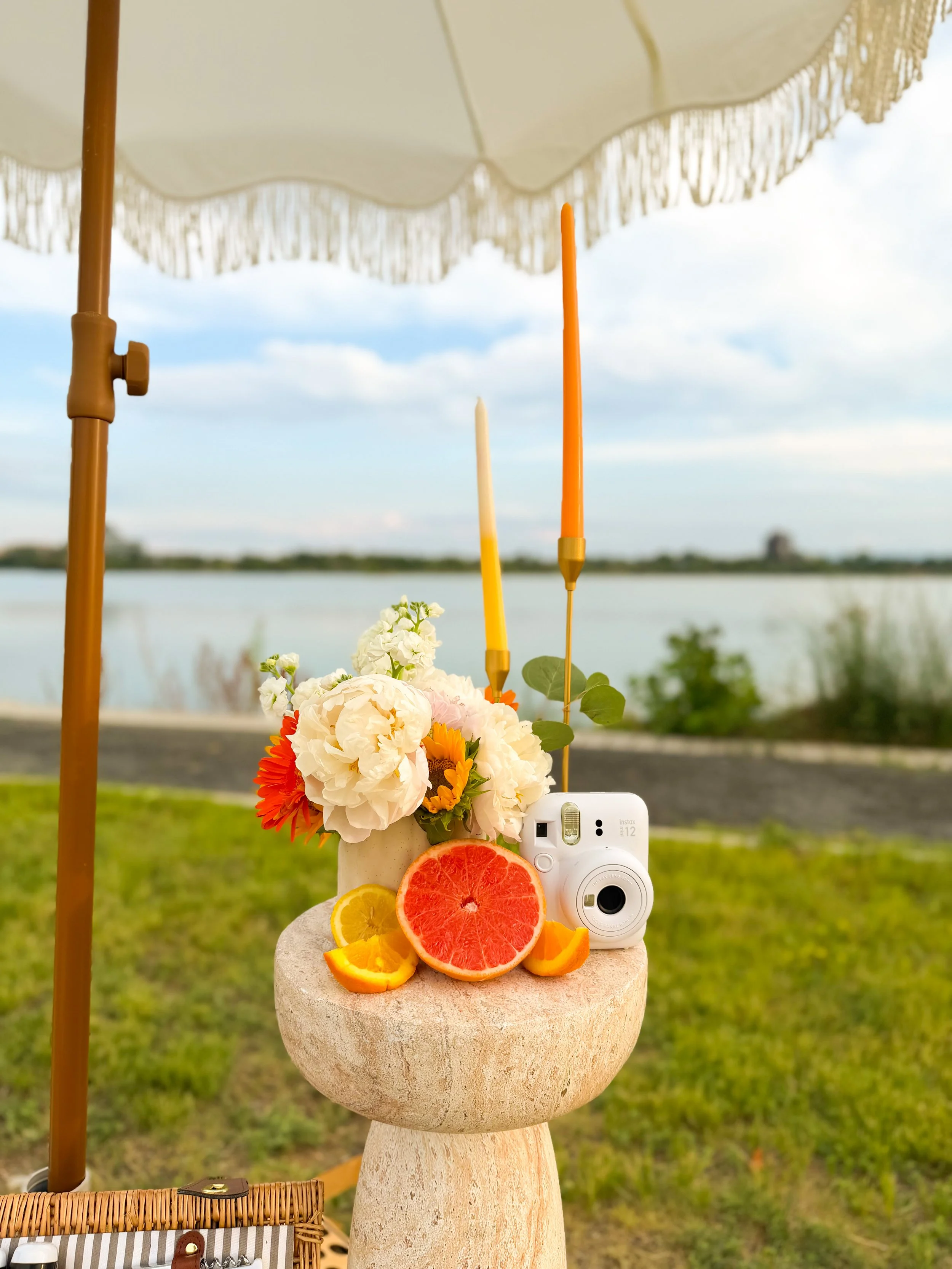 Fruits, flowers, and a camera arranged on a stone pedestal outdoors, with a shaded umbrella overhead and a body of water in the background.