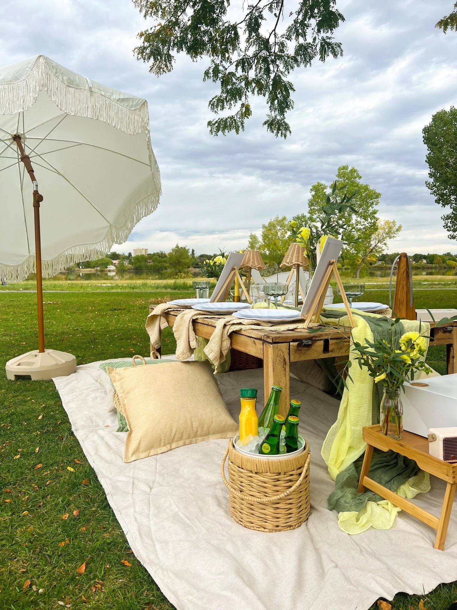Outdoor brunch setup on a grassy area with a large white umbrella, a low table with plates, glasses, and flowers, surrounded by pillows, drinks, and greenery.