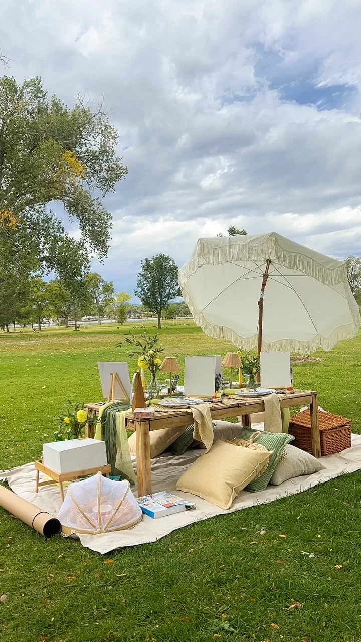 A picnic setup on a blanket in a park with a low wooden table, pillows, a large umbrella, and various decorative items, surrounded by trees and an open grassy field under a cloudy sky at Sloan's Lake in Denver.