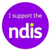 Purple circular button with white and yellow text supporting the NDIS.