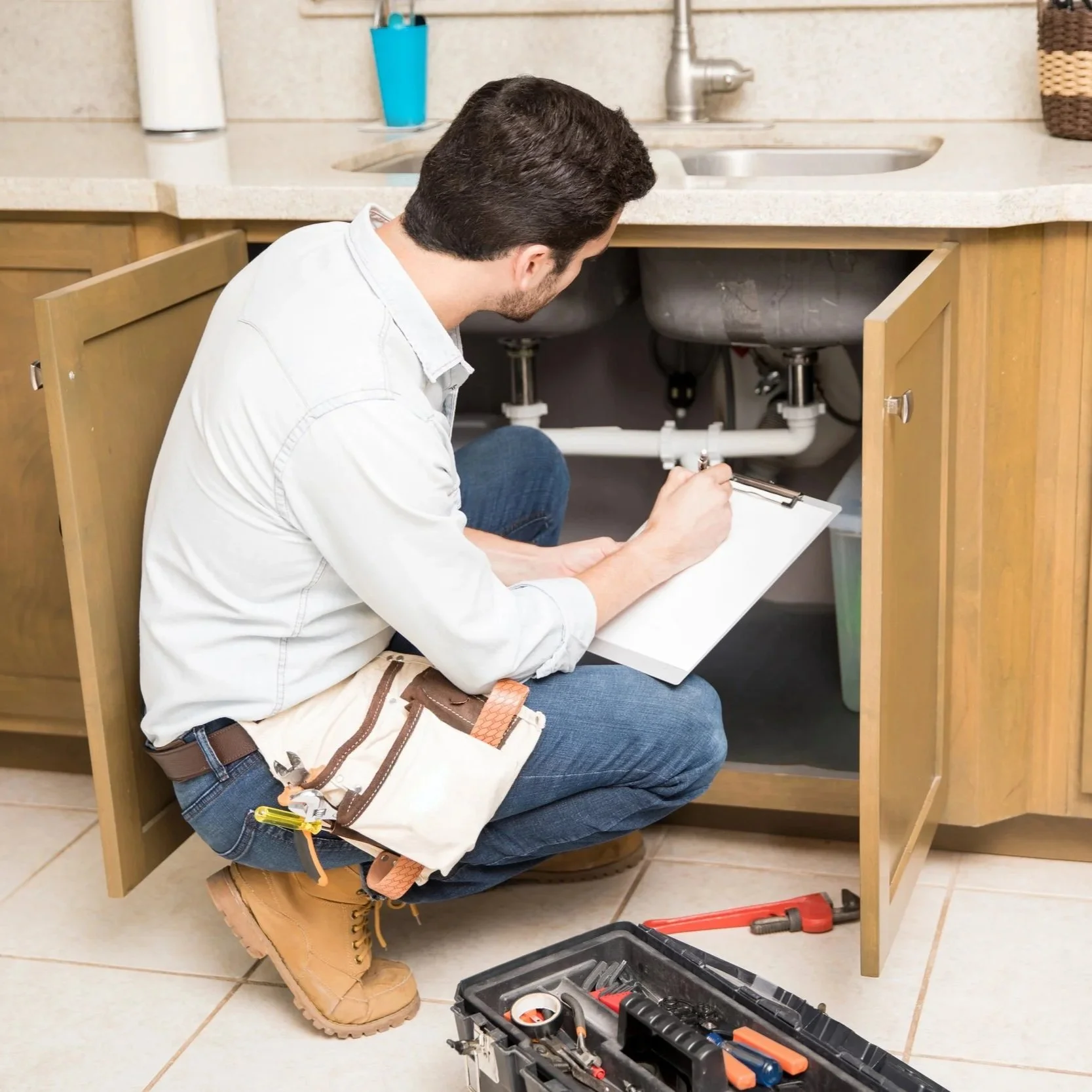 Plumber kneeling under kitchen sink, inspecting pipes, surrounded by tools and toolbox on tiled floor.