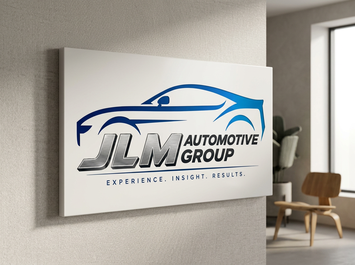 A sign on a wall displaying the logo of JLM Automotive Group, featuring a stylized outline of a car in blue and the company's name in metallic font. The tagline 'Experience. Insight. Results.' is written below.