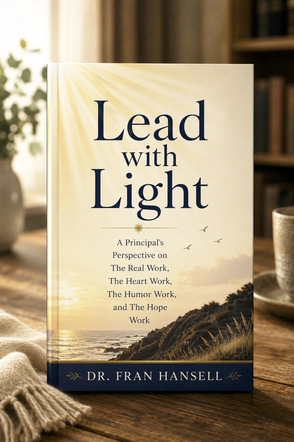 A book titled 'Lead with Light' by Dr. Fran Hansell, with a sunset or sunrise scene and seagulls on the cover.