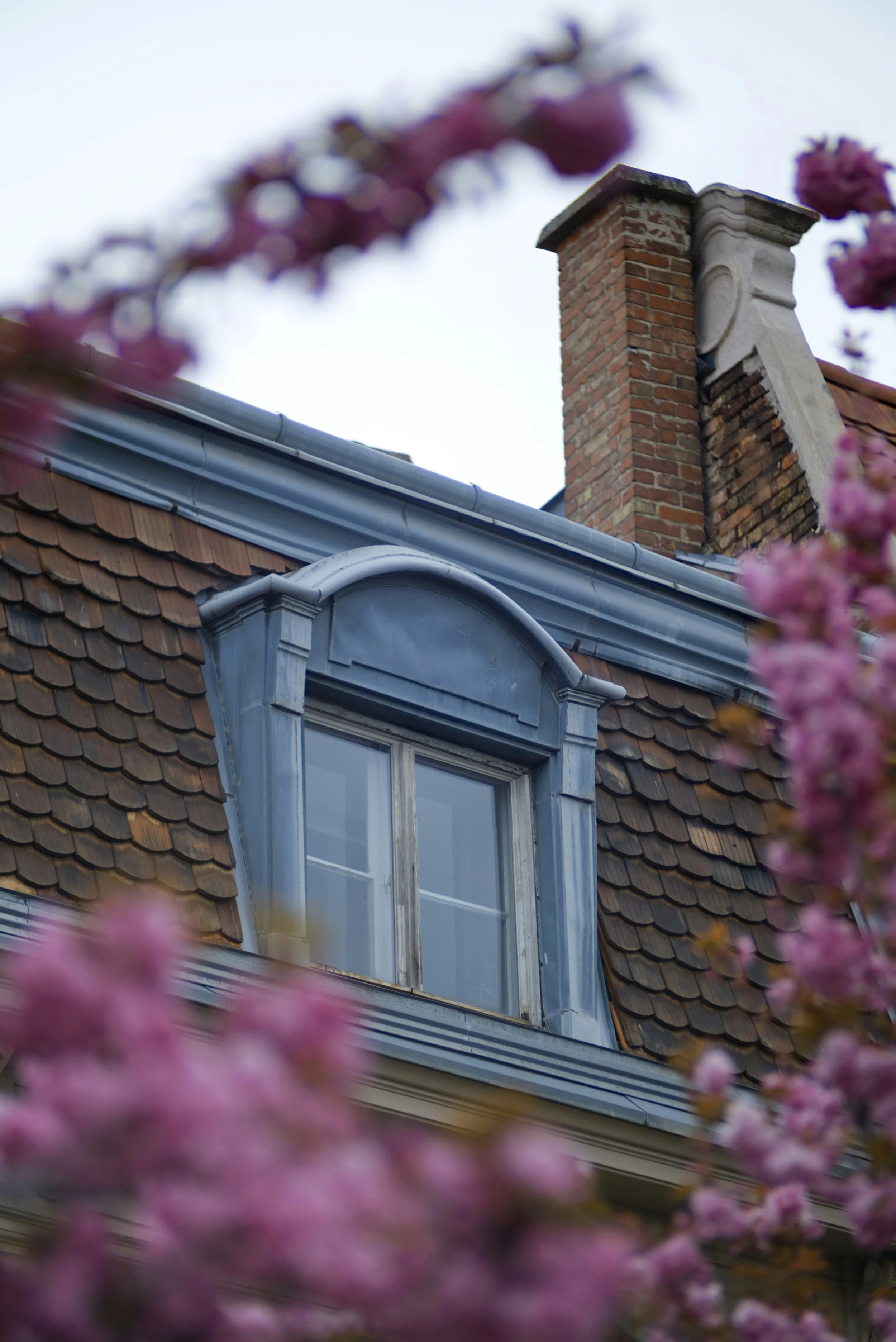 Close-up of a house's rooftop with a prominent brick chimney and dormer window framed with white woodwork, pink flowers are blurred in the foreground.