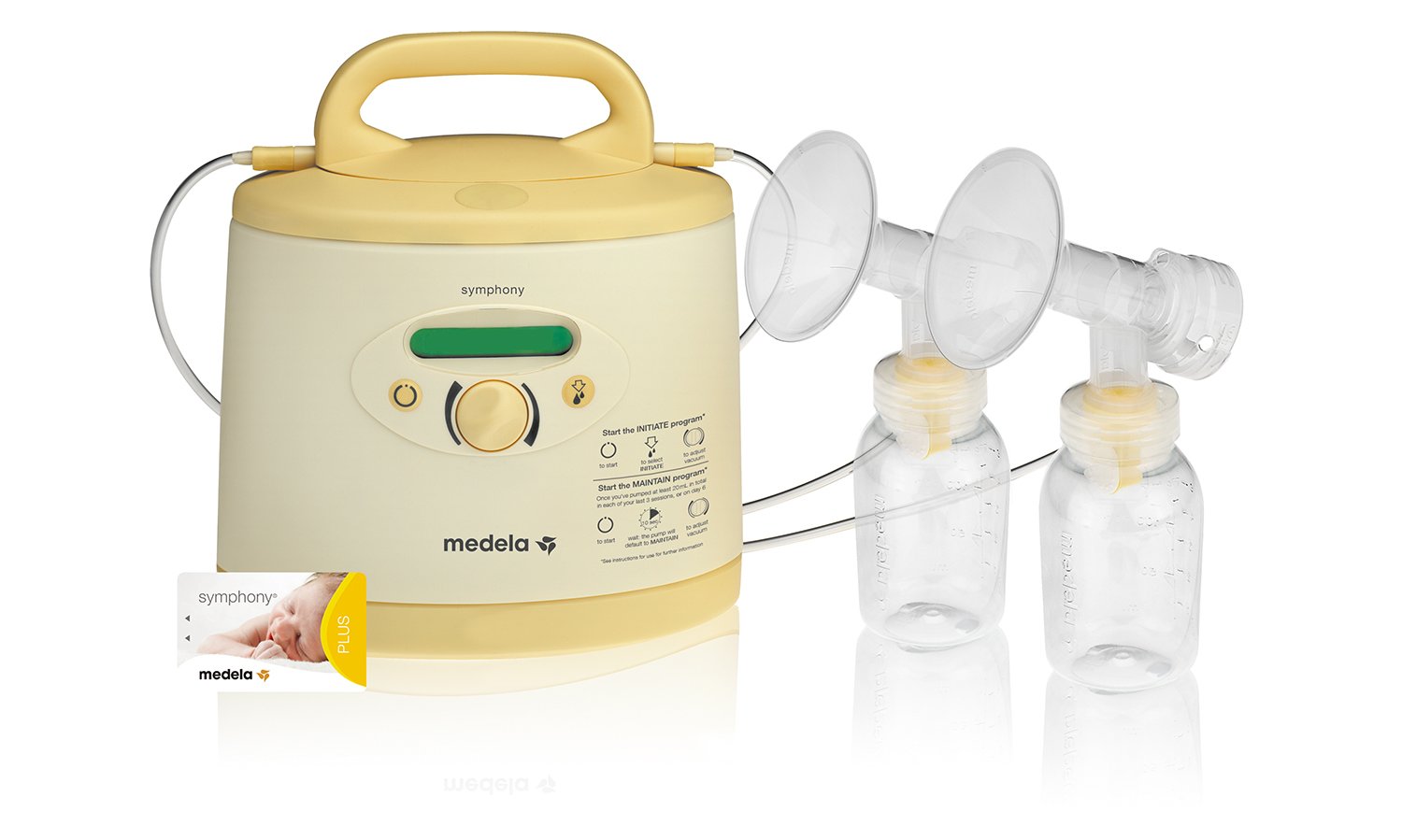 A Medela Symphony breast pump with two milk collection bottles and connectors.