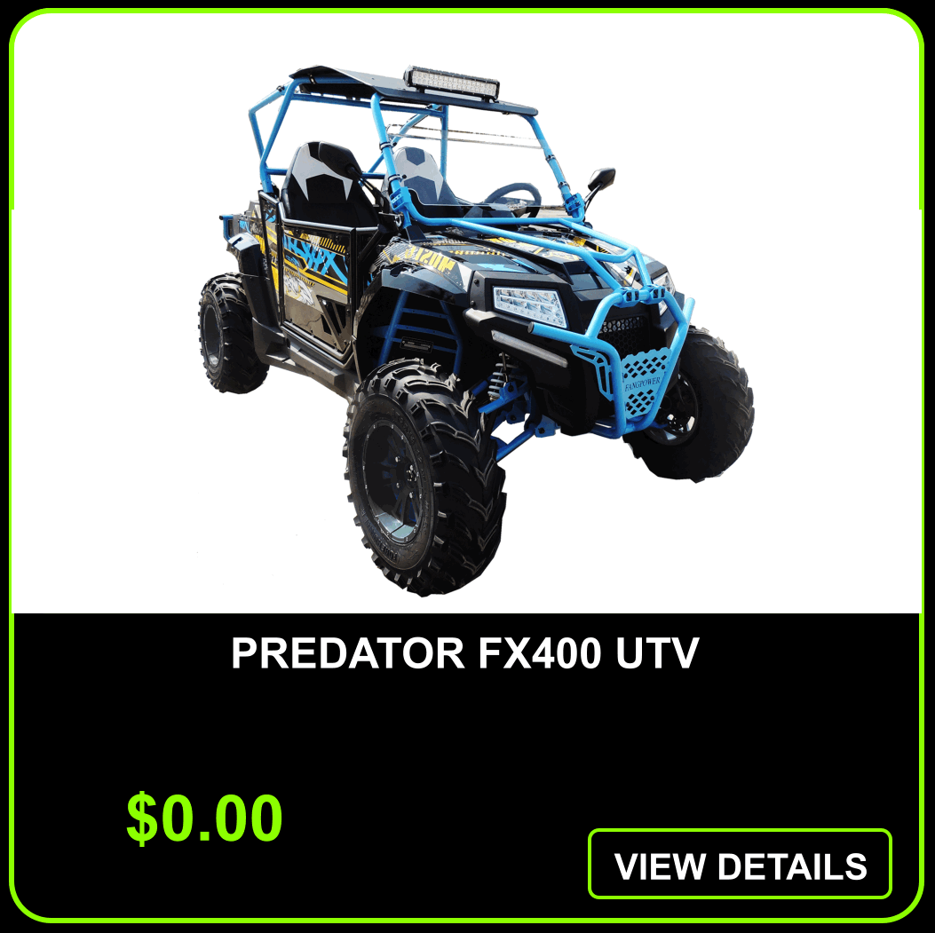 Blue and black Predator FX400 UTV off-road vehicle with large tires and roll cage, displayed in an online store advertisement.