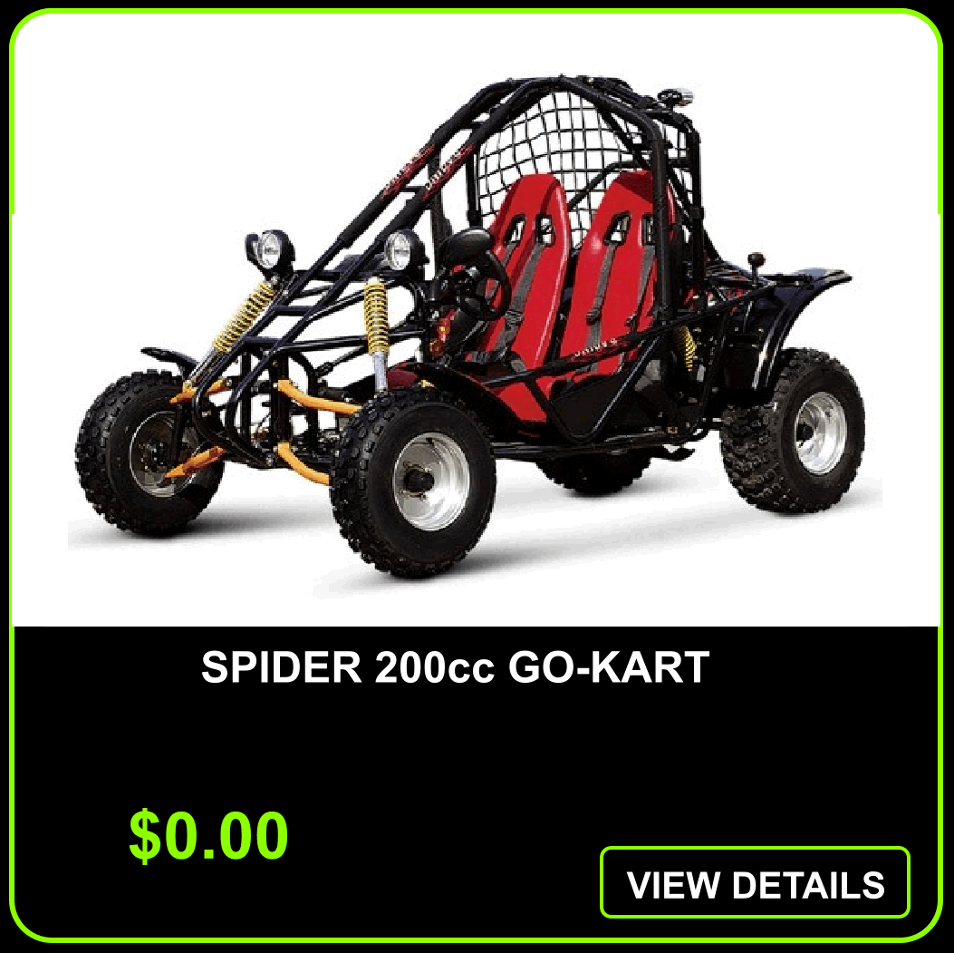 A red and black off-road go-kart called the Spider 200cc GO-KART with a roll cage, two red seats, headlights, and large rugged tires.