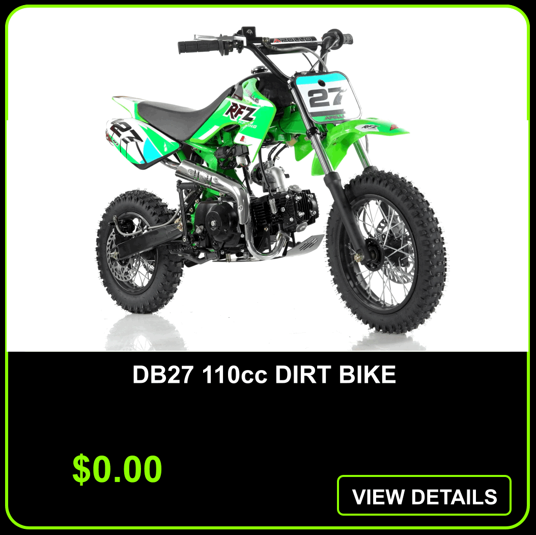 Green dirt bike with black and white accents, labeled as DB27 110cc DIRT BIKE, priced at $0.00 with a 'View Details' button.