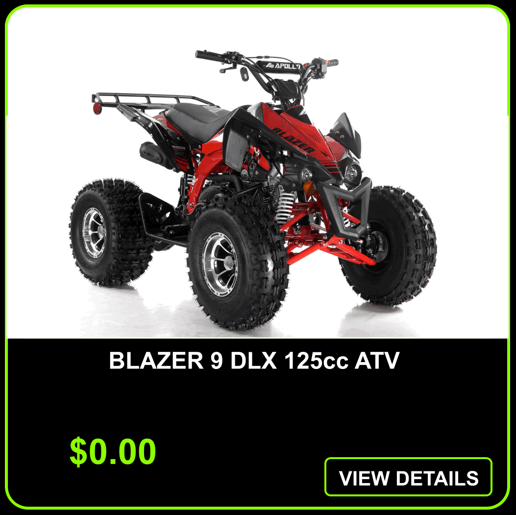 A red and black all-terrain vehicle (ATV) with the text "BLAZER 9 DLX 125cc ATV" displayed white on black background. The ATV has large knobby tires, a black seat, and a front bumper.