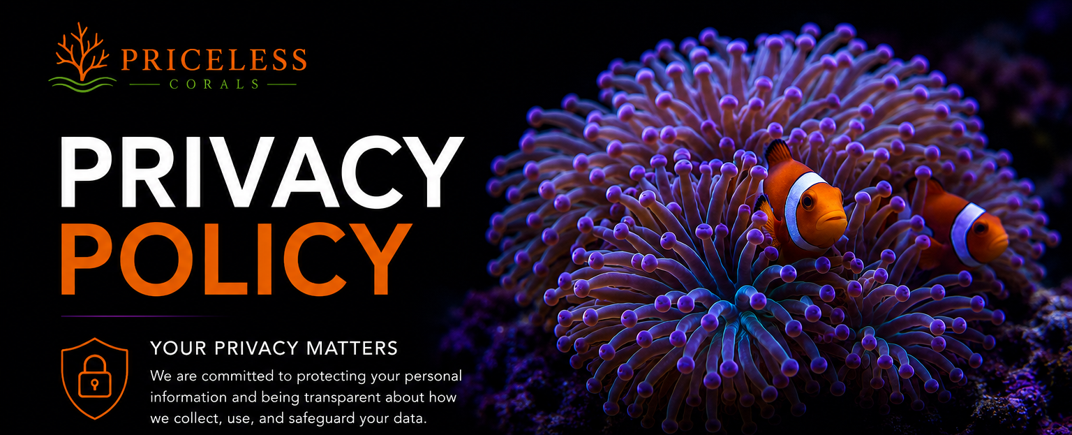 A coral reef scene with orange clownfish swimming near purple and blue coral, overlayed with text about privacy policy from Priceless Coralls, featuring a lock icon and a message about data protection.