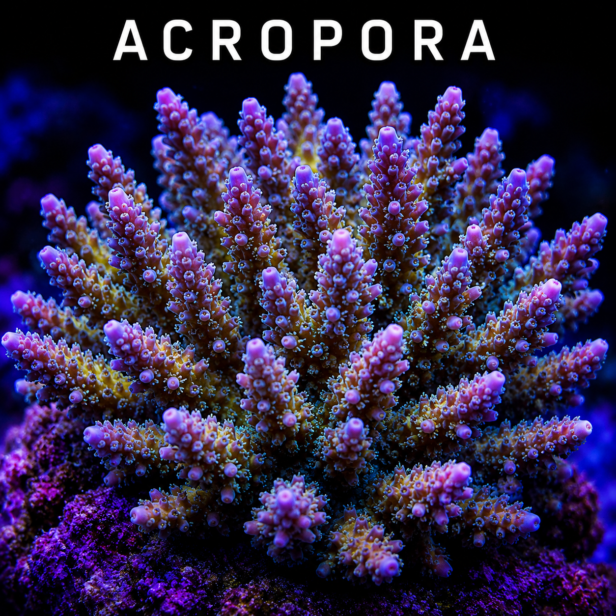 Colorful coral with pink and purple hues, labeled ACROPORA, in an underwater scene.