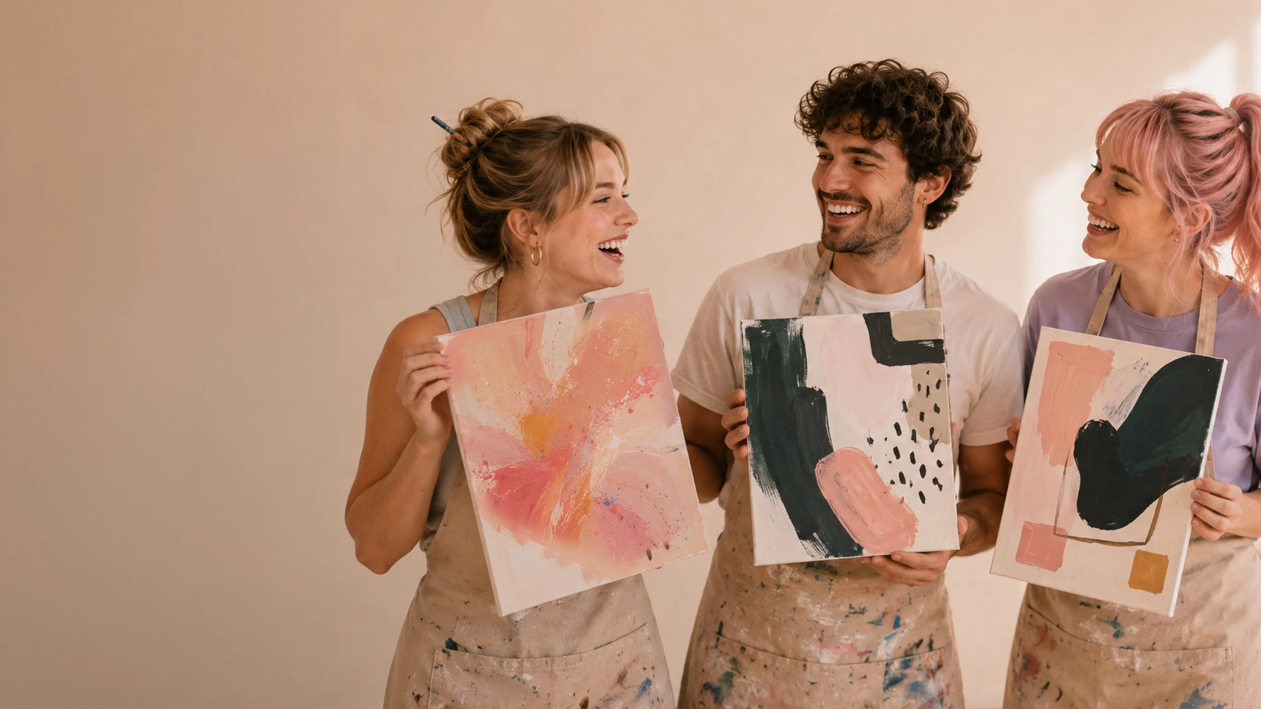 Drei junge Menschen, zwei Frauen und ein Mann, lachen und halten abstrakte Gemälde in Kunstfarben in den Händen, während sie in einem Kunstraum stehen.
