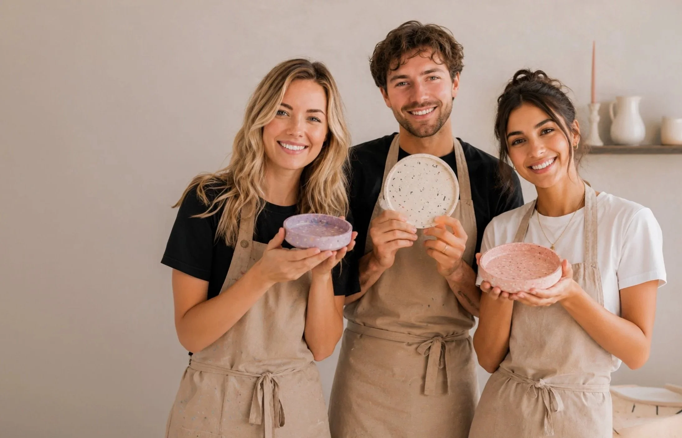 Drei Personen zeigen mit Stolz und Freude ihre kreierten Jesmonite-Formen