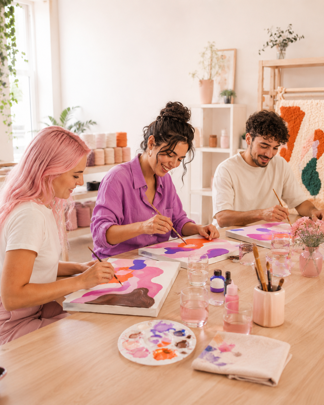 Menschen beim Aquarellmalen mit Blumenmotiven in einem Atelier, zusammen an einem Tisch mit Malmaterial und Getränken.