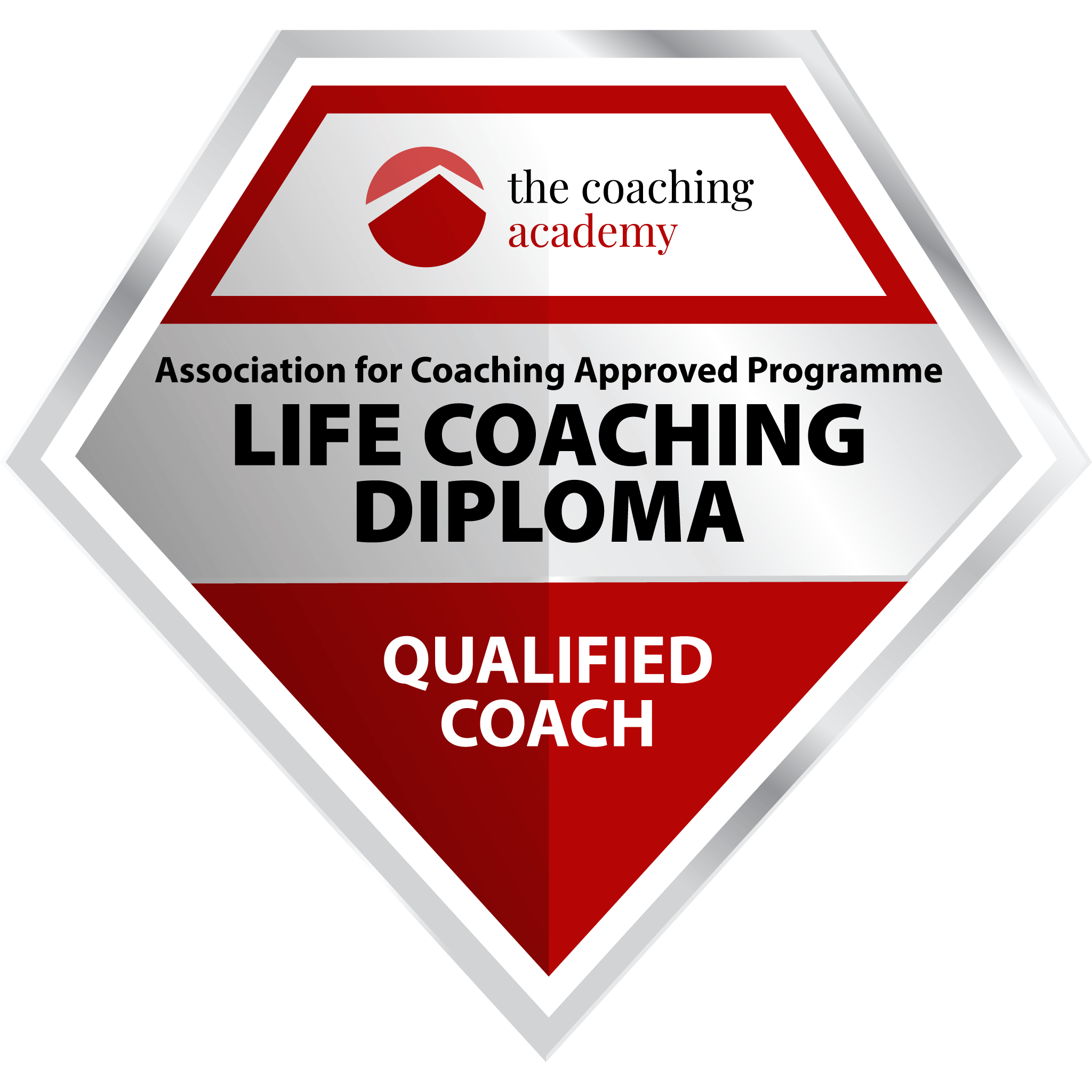 A badge with a red and black diamond shape, featuring a circular logo and text indicating qualification as a certified life coaching professional.