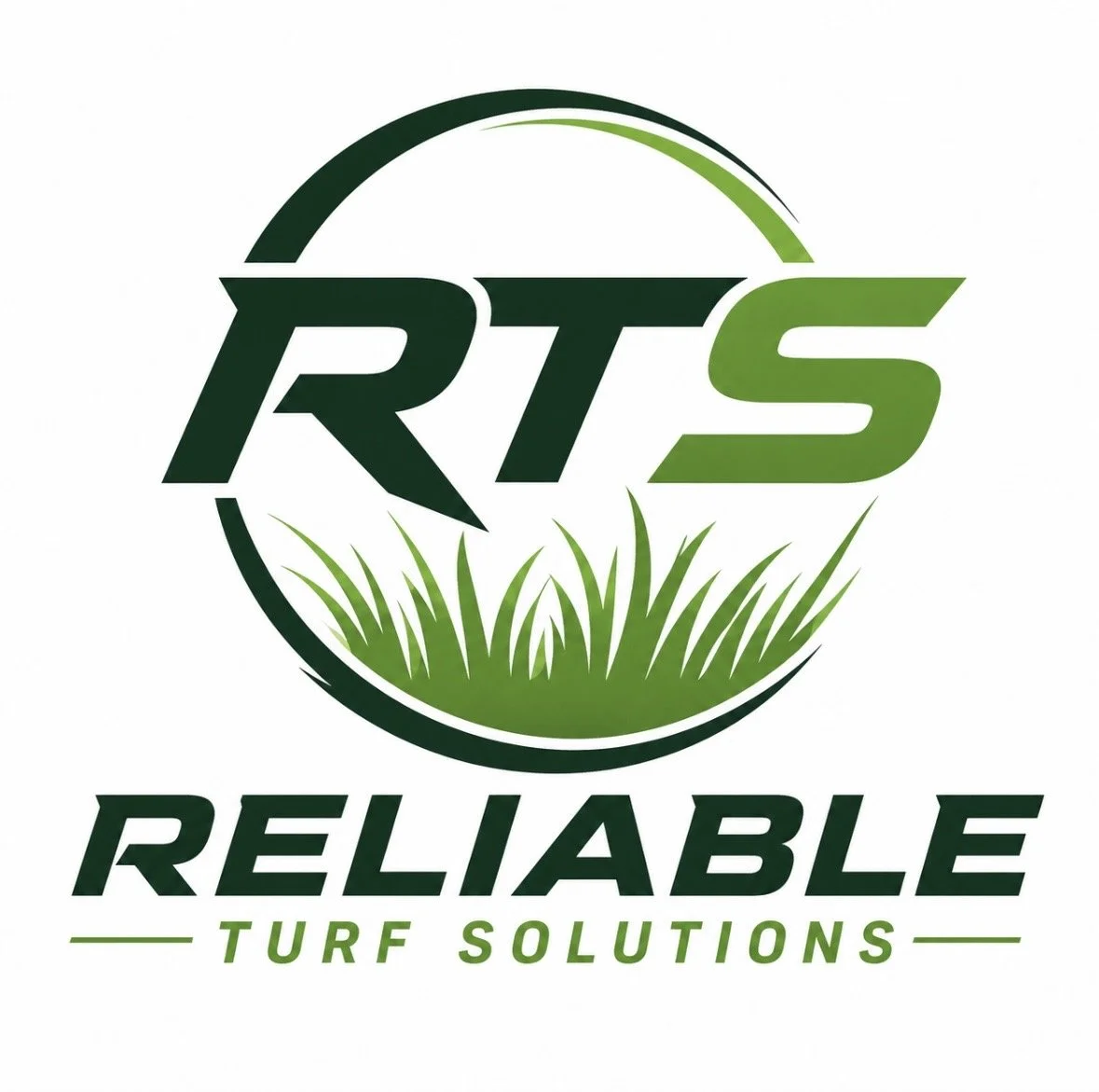 Logo for RTS Reliable Turf Solutions featuring a green circle with grass at the bottom, and the letters RTS in bold black and green font.